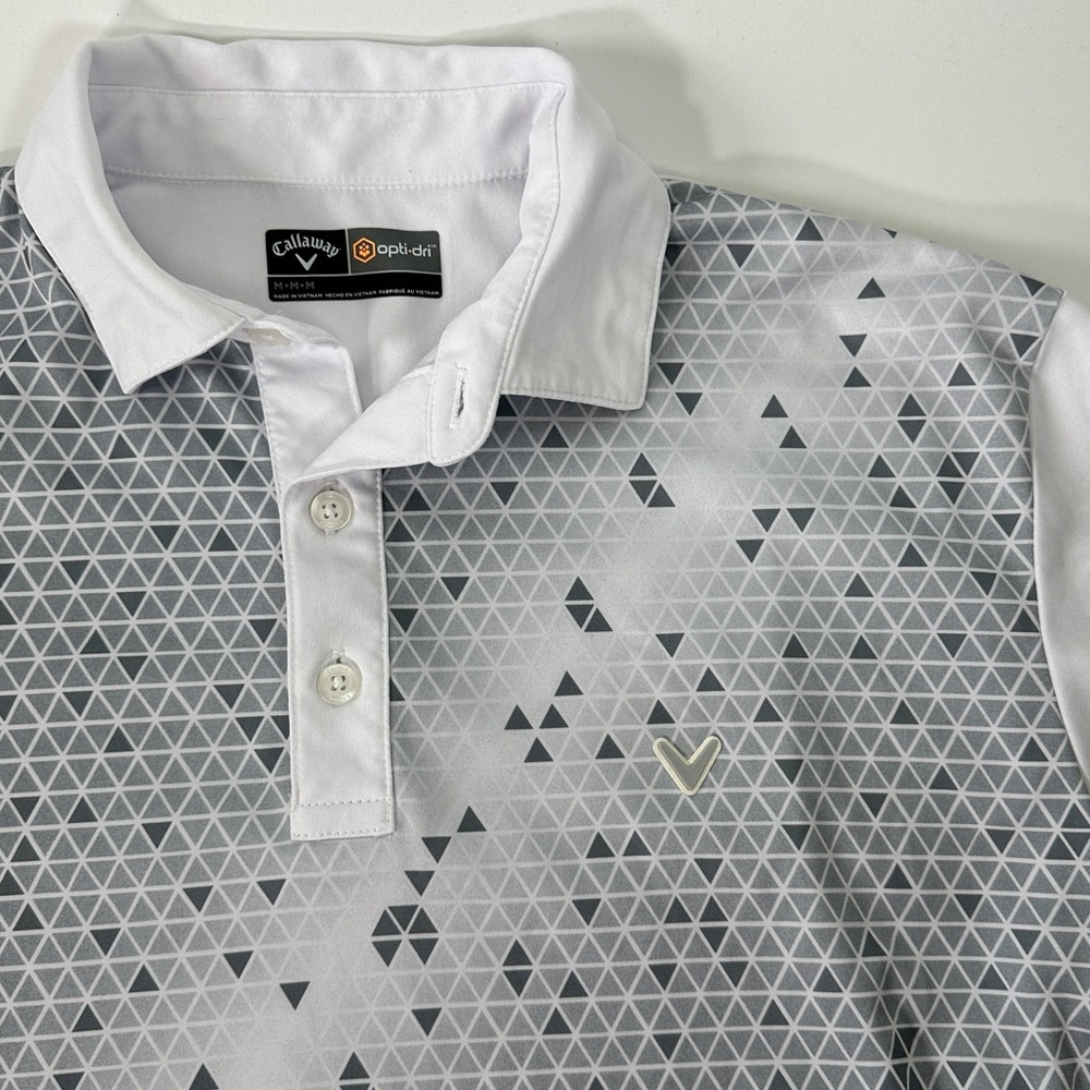 Callaway Opti-Dri Men’s Med Golf Polo Geometric Triangles Gray White Fade Ombré - Picture 2 of 9